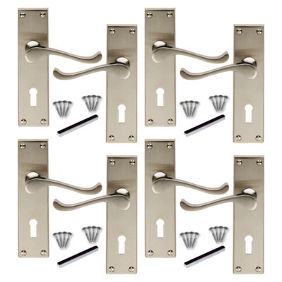 Victorian Scroll Lever Key Lock Door Handles - Satin 4 Pairs