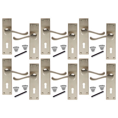 Victorian Scroll Lever Key Lock Door Handles - Satin 6 Pairs