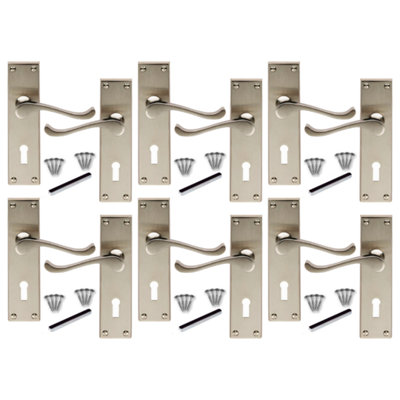 Victorian Scroll Lever Key Lock Door Handles - Satin 6 Pairs