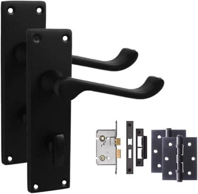 Victorian Scroll Matt Black Finish Bathroom WC Toilet Lock Door Handles Bathroom Mortise Lock Set 3" Ball Bearing Hinges