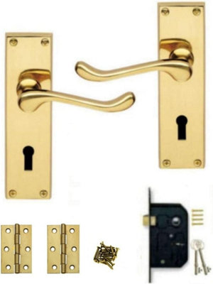 Victorian Scroll Polished Brass Lever Lock Door Handles  3 Lever Lock + Hinges