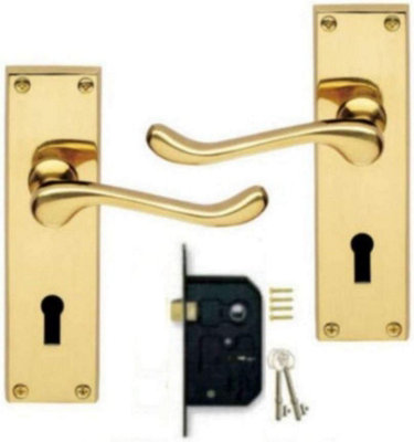 Victorian Scroll Polished Brass Lever Lock Door Handles  3 Lever Lock Set 2 Keys