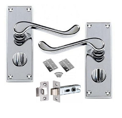 Victorian Scroll Polished Chrome Door Handle Privacy Pack with Hinge & Latch