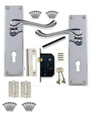 Victorian Scroll Polished Chrome Lever Lock Door Handles +3 Lever Lock Set with 1 Pair of 3" Ball Bearing Hinges
