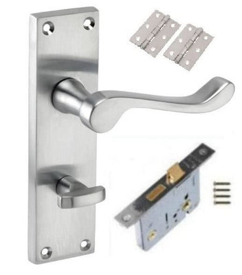 Victorian Scroll Satin Chrome Finish Bathroom Toilet Door Handles 150mm x 40mm with 2.5"Bathroom Mortise Lock and Hinges