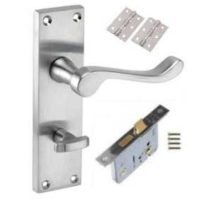 Victorian Scroll Satin Chrome Finish Bathroom Toilet Door Handles 150mm x 40mm with 2.5"Bathroom Mortise Lock and Hinges