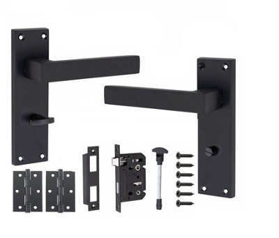 Victorian Straight Delta Handle Matt Black Bathroom Door Handles Bathroom Mortise Lock Set 1 Pair of 3" Ball Bearing Hinges - GG