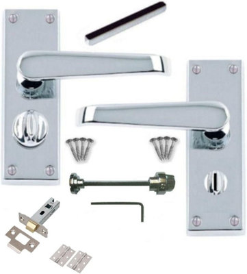 Victorian Straight Polished Chrome Door Handle Privacy Hinge & Latch Pack