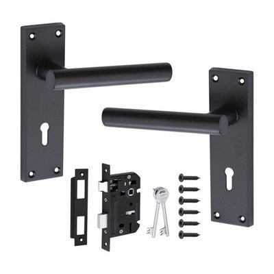 Victorian Straight T-Bar Handle Matt Black Lever Lock Door Handles +3 Lever Lock Set with 1 Pair of 3" Ball Bearing Hinges - GG