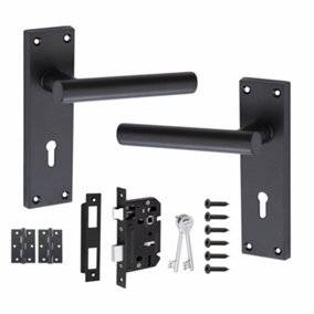Victorian Straight T-Bar Handle Matt Black Lever Lock Door Handles with 64mm 3 Lever Lock Set 150mm x 40mm Backplate - GG