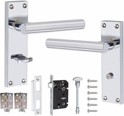 Victorian Straight T-Bar Handle, Polished Chrome, Bathroom WC Toilet Door Handles, 3" Standard Butt Hinges - Golden Grace