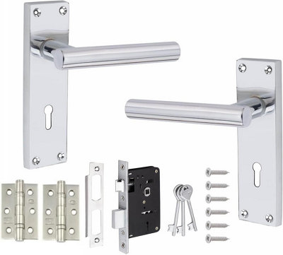 Victorian Straight T-Bar Handle, Polished Chrome Lever Lock Door Handles, 3 Lever Lock Set, 3" Ball Bearing Hinges - Golden Grace