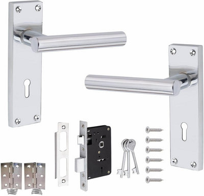 Victorian Straight T-Bar Handle, Polished Chrome Lever Lock Door Handles, 3 Lever Lock Set, 3" Standard Butt Hinges - Golden Grace