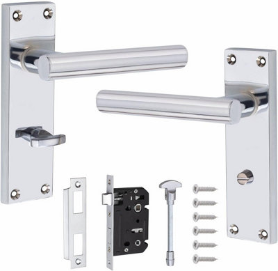 Victorian Straight T-Bar Handle, Silver Polished Chrome, Bathroom WC Toilet Door Handles, 64mm Bathroom Mortise Lock