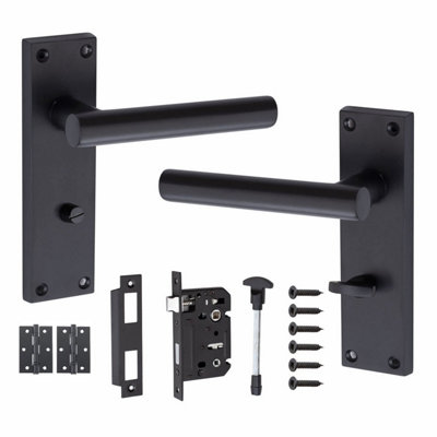 Victorian Straight T-Bar Matt Black Finish Bathroom WC Toilet Lock Door Handles Bathroom Mortise Lock Set 3" Ball Bearing Hinges