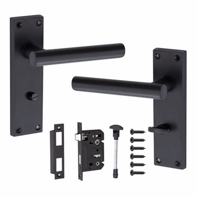 Victorian Straight T-Bar Matt Black Finish Bathroom WC Toilet Lock Door Handles with Bathroom Mortise Lock Set - GG