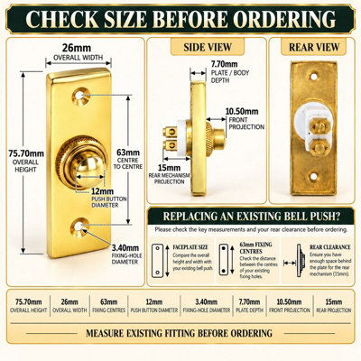 Victorian Wired Door Bell Push Button Polished Brass Finish 75.7 x 26mm
