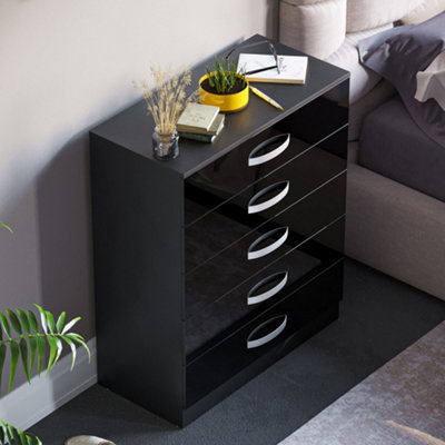 Vida Design Hulio Black High Gloss 5 Drawer Chest (H)900mm (W)750mm (D)360mm