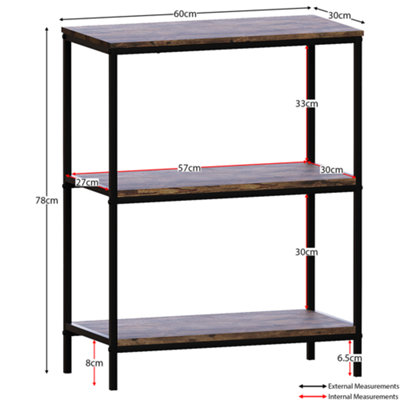 Vida Designs Brooklyn Dark Wood 3 Tier Bookcase Industrial Freestanding Shelving Unit (H)780mm (W)600mm (D)300mm