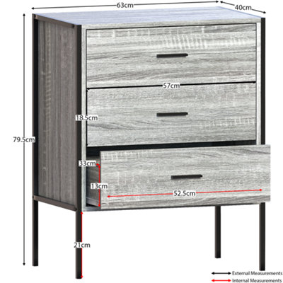 Vida Designs Brooklyn Grey 3 Drawer Chest (H)795mm (W)630mm (D)400mm
