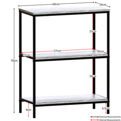 Vida Designs Brooklyn Grey 3 Tier Bookcase Industrial Freestanding Shelving Unit (H)780mm (W)600mm (D)300mm