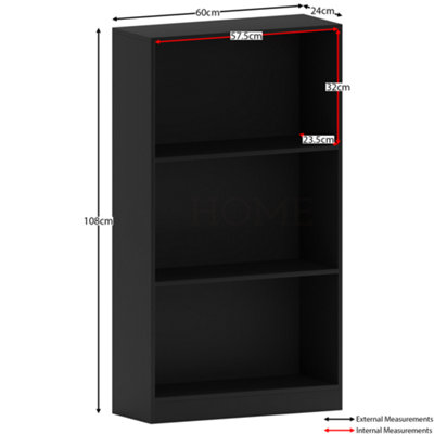 Vida Designs Cambridge Black 3 Tier Medium Bookcase Freestanding Shelving Unit (H)1080mm (W)600mm (D)240mm