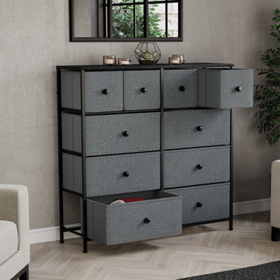 Vida Designs Chorley 10 Drawer Fabric UKFR Chest of Drawers, Grey & Black