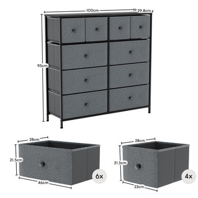 Vida Designs Chorley 10 Drawer Fabric UKFR Chest of Drawers, Grey & Black