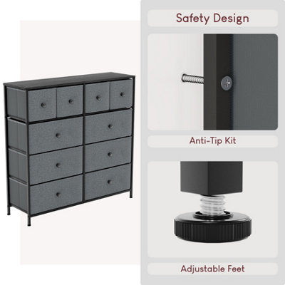Vida Designs Chorley 10 Drawer Fabric UKFR Chest of Drawers, Grey & Black