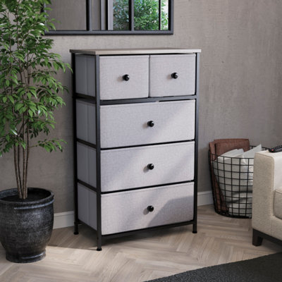 Vida Designs Chorley 5 Drawer Fabric Chest of Drawers, Beige & Grey Wood
