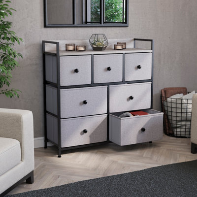 Vida Designs Chorley 7 Drawer Fabric Chest of Drawers, Beige & Grey Wood