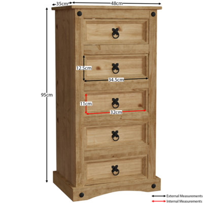 Vida Designs Corona 5 Drawer Narrow Chest Mexican Solid Waxed Pine (H)950mm (W)480mm (D)350mm