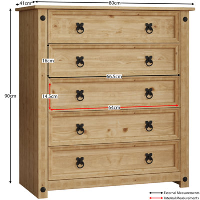 Vida Designs Corona Rustic 5 Drawer Chest Mexican Solid Waxed Pine (H)900mm (W)800mm (D)410mm