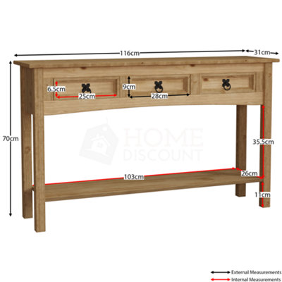 Vida Designs Corona Solid Pine 3 Drawer Console Table With Undershelf