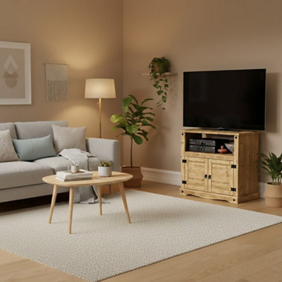 Mueble TV Corona De Pino Macizo - Estantería Con Puertas Y Espacio Para Soundbar, Acabado Cera Transparente
