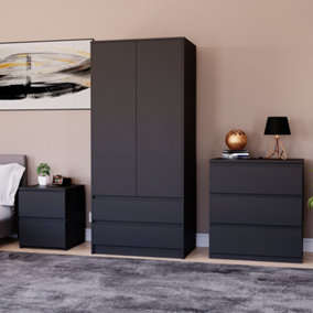 Vida Designs Denver 3 Piece Bedroom Set - (2 Drawer Large Bedside Chest, 3 Drawer Chest, 2 Door 2 Drawer Wardrobe), Black