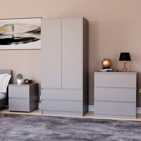 Vida Designs Denver 3 Piece Bedroom Set - (2 Drawer Large Bedside Chest, 3 Drawer Chest, 2 Door 2 Drawer Wardrobe), Grey
