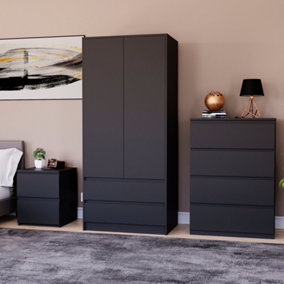 Vida Designs Denver 3 Piece Bedroom Set - (2 Drawer Large Bedside Chest, 4 Drawer Chest, 2 Door 2 Drawer Wardrobe), Black