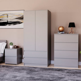 Vida Designs Denver 3 Piece Bedroom Set - (2 Drawer Large Bedside Chest, 4 Drawer Chest, 2 Door 2 Drawer Wardrobe), Grey