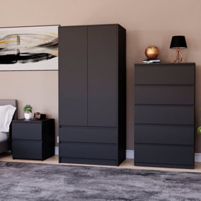 Vida Designs Denver 3 Piece Bedroom Set - (2 Drawer Large Bedside Chest, 5 Drawer Chest, 2 Door 2 Drawer Wardrobe), Black
