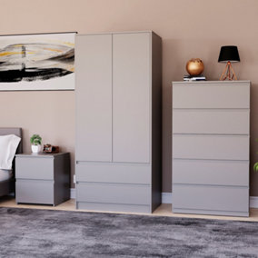 Vida Designs Denver 3 Piece Bedroom Set - (2 Drawer Large Bedside Chest, 5 Drawer Chest, 2 Door 2 Drawer Wardrobe), Grey