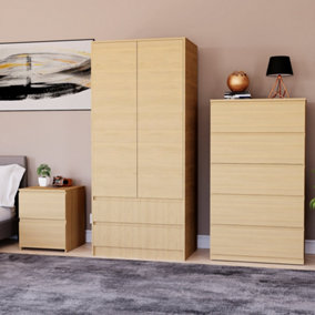 Vida Designs Denver 3 Piece Bedroom Set - (2 Drawer Large Bedside Chest, 5 Drawer Chest, 2 Door 2 Drawer Wardrobe), Pine
