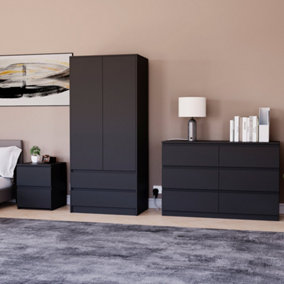 Vida Designs Denver 3 Piece Bedroom Set - (2 Drawer Large Bedside Chest, 6 Drawer Chest, 2 Door 2 Drawer Wardrobe), Black