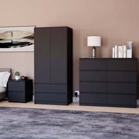 Vida Designs Denver 3 Piece Bedroom Set - (2 Drawer Large Bedside Chest, 8 Drawer Chest, 2 Door 2 Drawer Wardrobe), Black