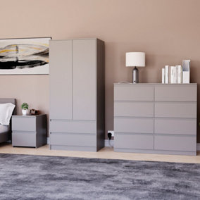 Vida Designs Denver 3 Piece Bedroom Set - (2 Drawer Large Bedside Chest, 8 Drawer Chest, 2 Door 2 Drawer Wardrobe), Grey