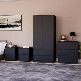 Vida Designs Denver 4 Piece Bedroom Set - (2 Drawer Large Bedside Chest x2, 3 Drawer Chest, 2 Door 2 Drawer Wardrobe), Black