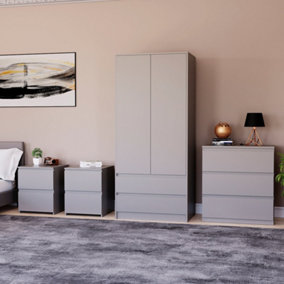 Vida Designs Denver 4 Piece Bedroom Set - (2 Drawer Large Bedside Chest x2, 3 Drawer Chest, 2 Door 2 Drawer Wardrobe), Grey
