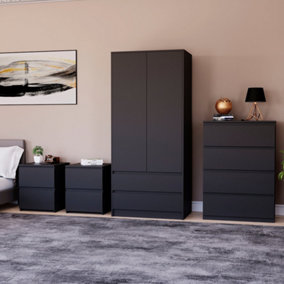 Vida Designs Denver 4 Piece Bedroom Set - (2 Drawer Large Bedside Chest x2, 4 Drawer Chest, 2 Door 2 Drawer Wardrobe), Black
