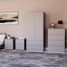 Vida Designs Denver 4 Piece Bedroom Set - (2 Drawer Large Bedside Chest x2, 4 Drawer Chest, 2 Door 2 Drawer Wardrobe), Grey