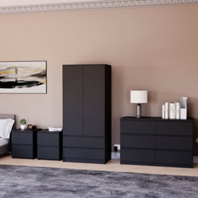 Vida Designs Denver 4 Piece Bedroom Set - (2 Drawer Large Bedside Chest x2, 6 Drawer Chest, 2 Door 2 Drawer Wardrobe), Black